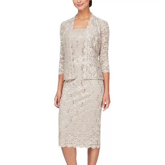 SL FASHIONS 2-Pc. Lace Jacket & Midi Dress Set Champagne Size 14 - Picture 1 of 7